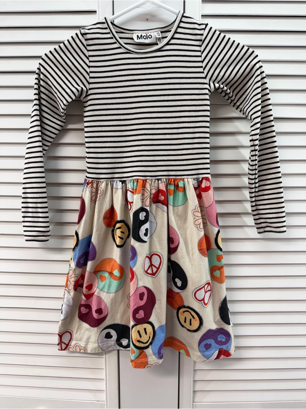 Molo Black & White Striped Top with Multicolor Printed Skirt Kids Dress